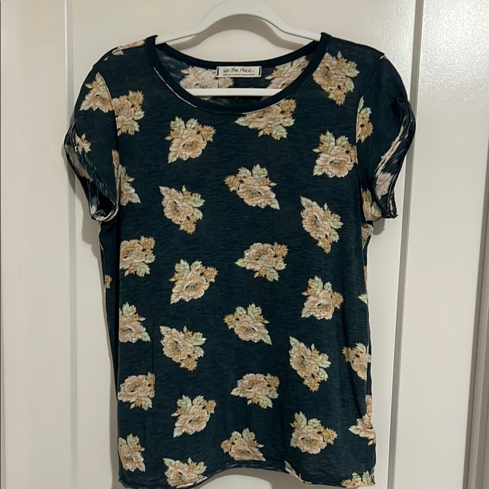 Free People Floral Short Sleeve Tee - Dark Green and Cream